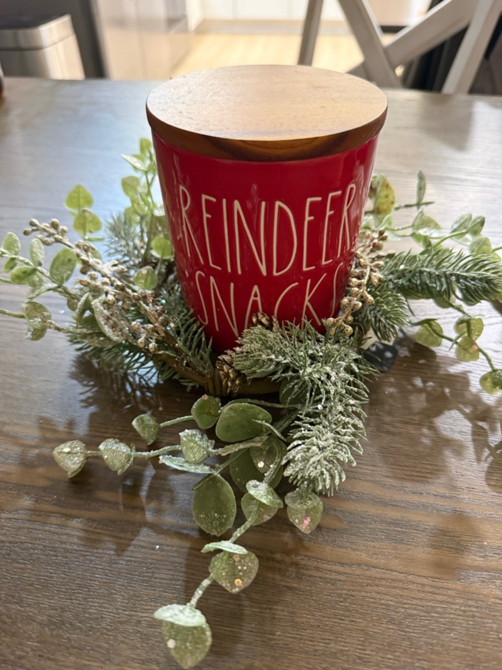 Reindeer Snacks Red Holiday Jar with Wooden Lid NWT